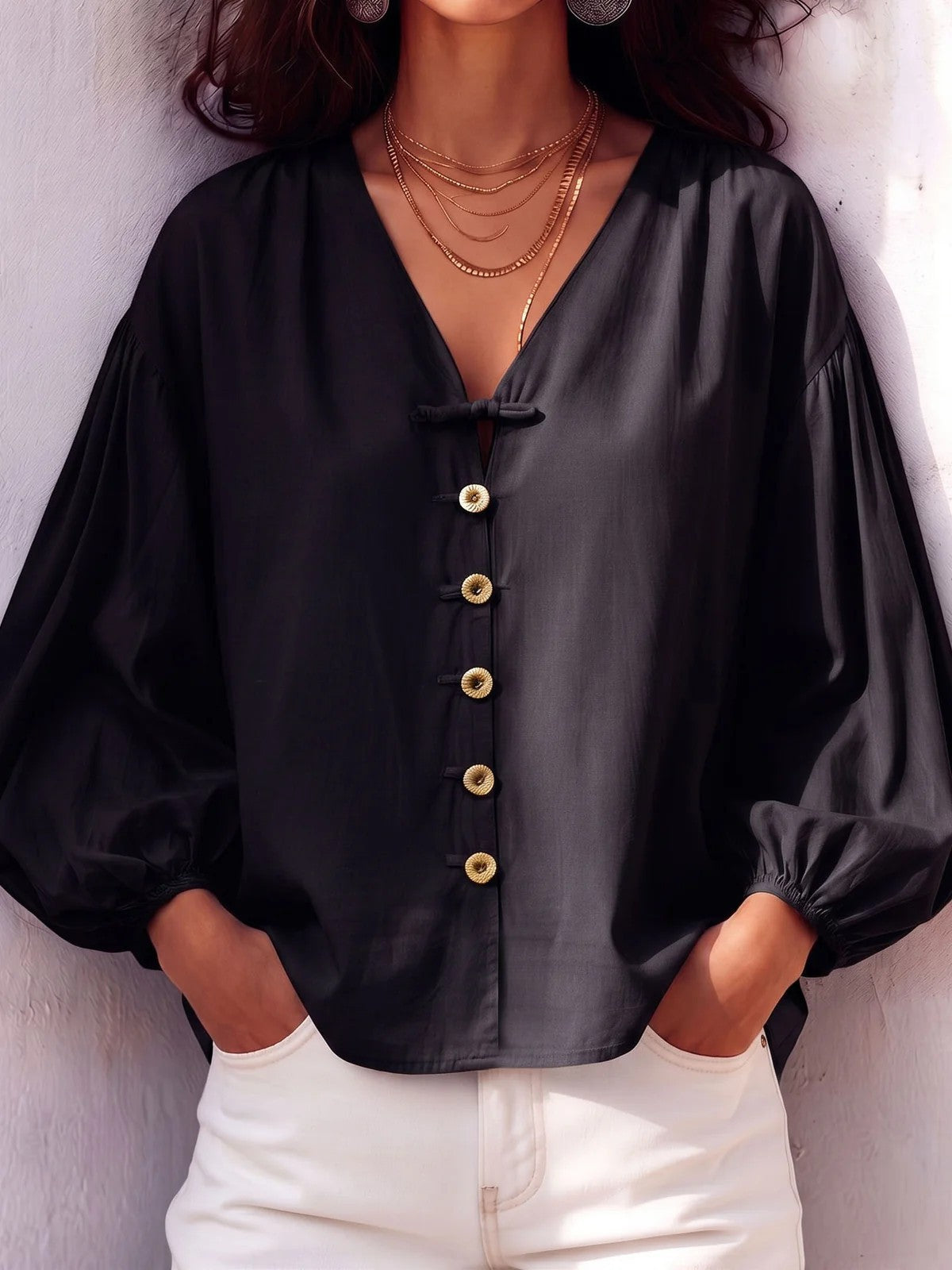Women's V Neck Balloon Sleeve Button Front Blouse