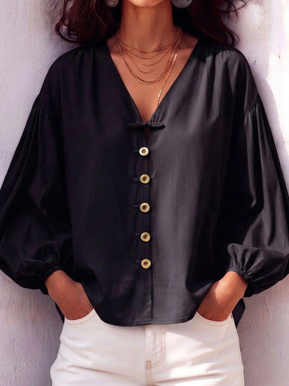 Women's V Neck Balloon Sleeve Button Front Blouse