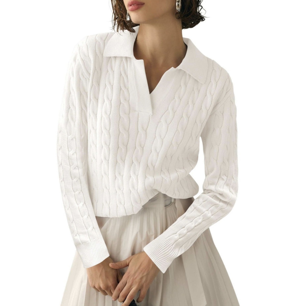 Women's Cable Knit Collared V Neck Pullover Sweater