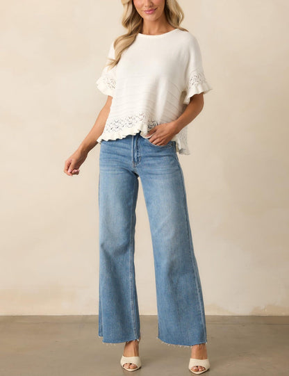 Ruffle Sleeve Crochet Knit Sweater Top Women Summer Blouse