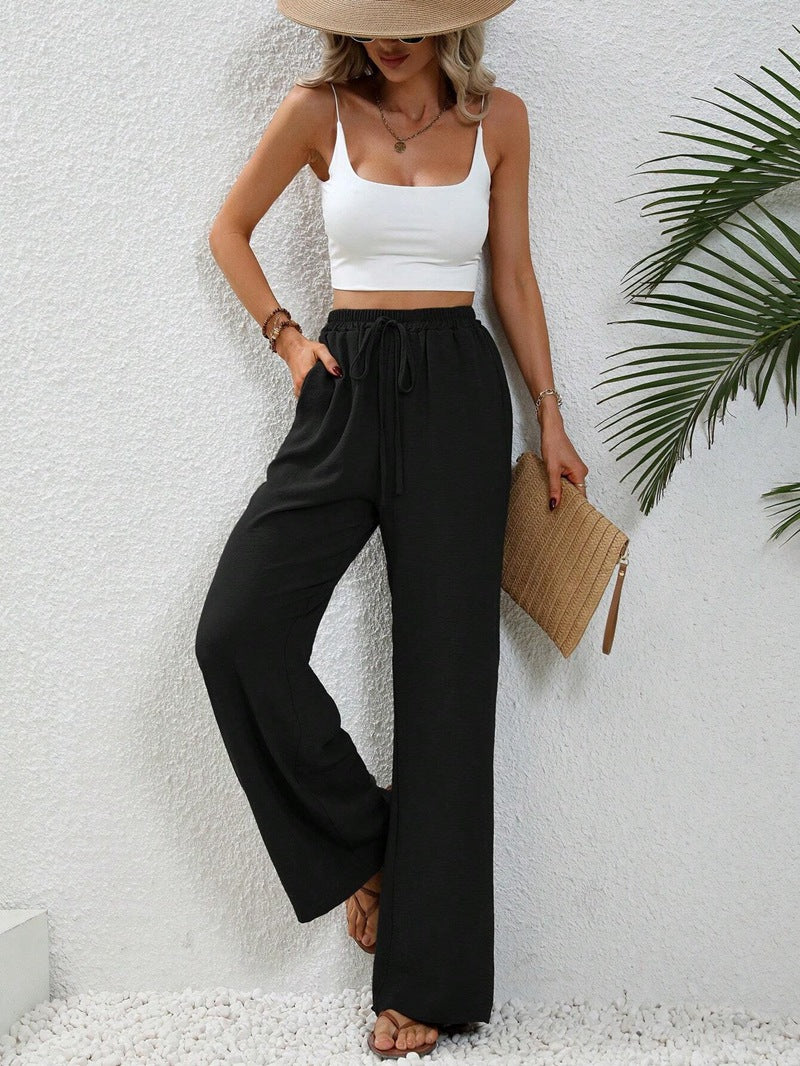 2025 Spring Summer High-Waist Solid Color Wide-Leg Casual Pants