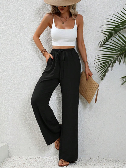 2025 Spring Summer High-Waist Solid Color Wide-Leg Casual Pants