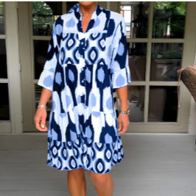 Women's Boho Geometric Tiered Midi Dress 3/4 Sleeve