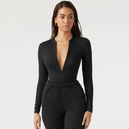 Zipper Knit Jumpsuit Versatile Tight Fit 3-Point Pants