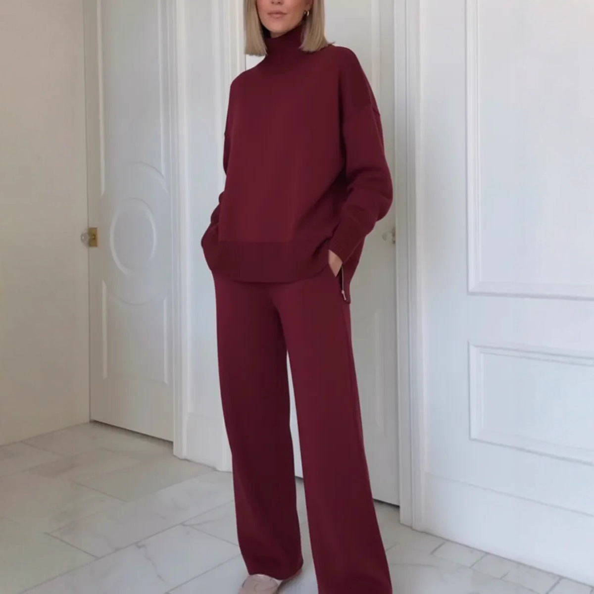 Solid Turtleneck Sweater Wide Leg Pants Lounge Set