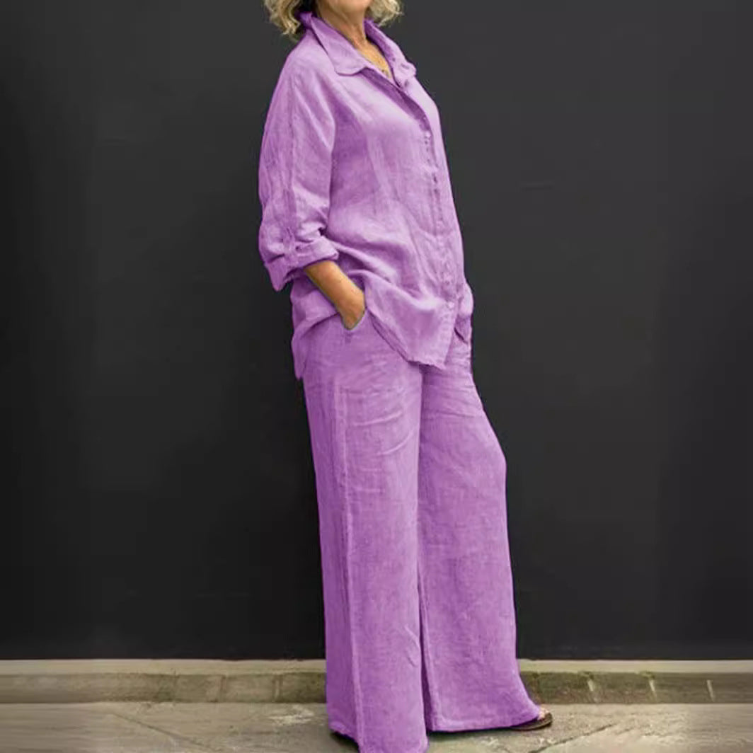 Linen Blend Shirt and Wide Leg Pants Two Piece Set