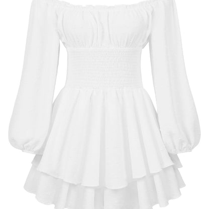 Off Shoulder Smocked Ruffle Mini Dress Puff Sleeve