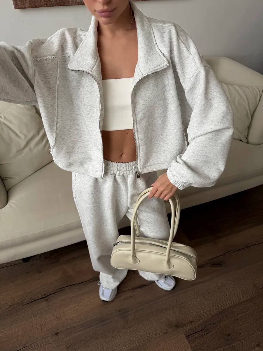 Women's Oversized Crop Zip Lace Jogger Two Piece Set