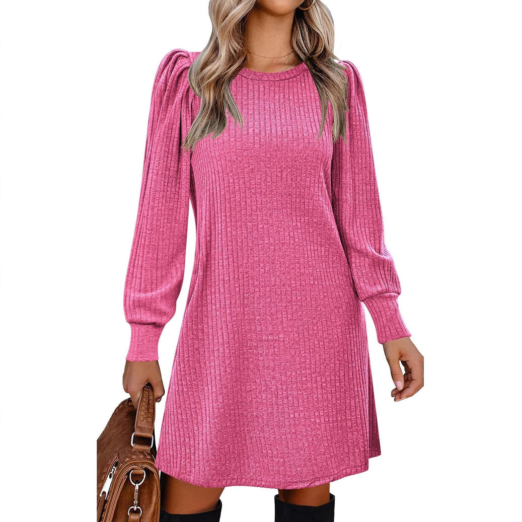 Ribbed Puff Sleeve A-Line Midi Sweater Dress