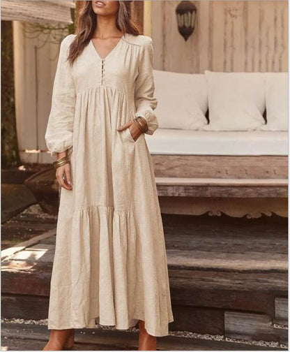 Women's Long Sleeve V-Neck Button Tiered Maxi Dress Pockets