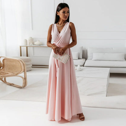 Women's Sleeveless V-Neck Belted A-Line Maxi Dress