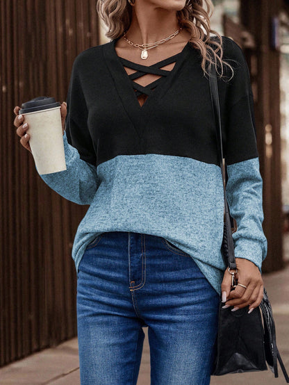Women's Color Block Criss Cross V Neck Long Sleeve Top