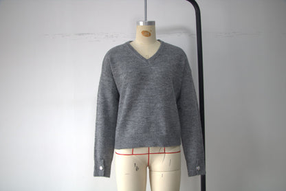 Womens V Neck Sweater Oversized Button Cuff Pullover