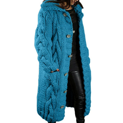 Women's Chunky Cable Knit Hooded Long Cardigan Plus Size