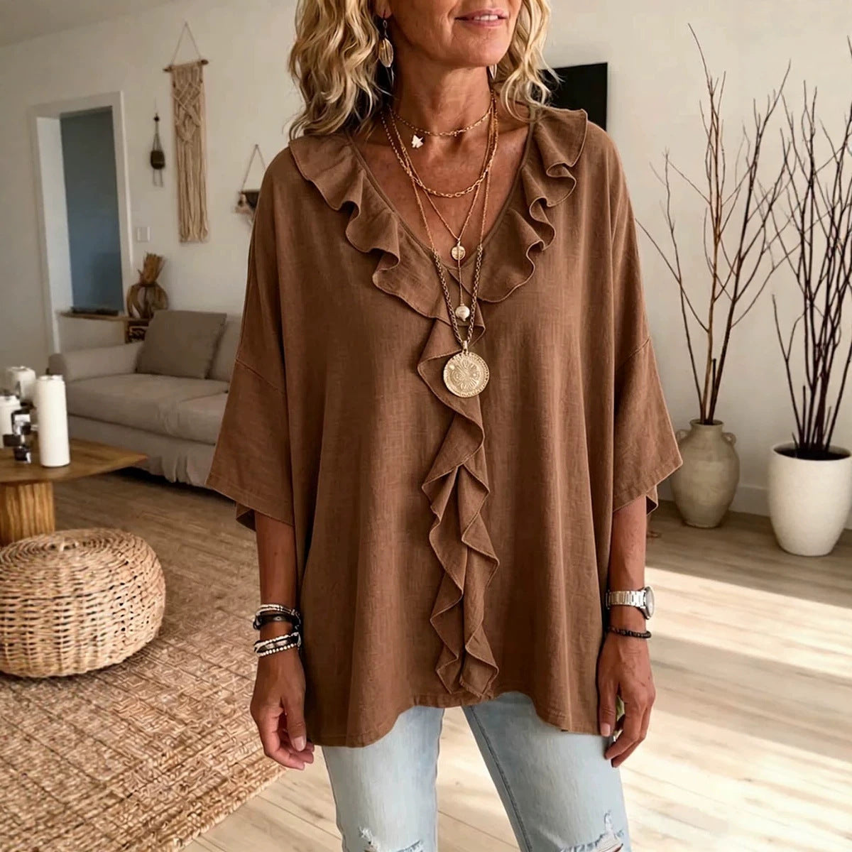 Women's Ruffle V Neck 3/4 Sleeve Casual Blouse Top