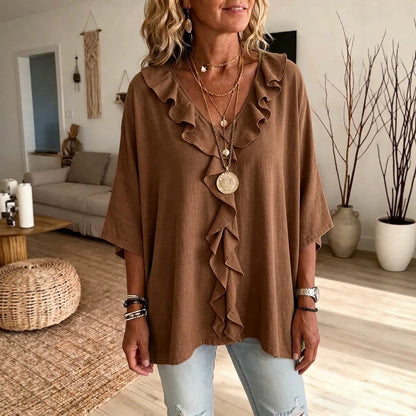 Women's Ruffle V Neck 3/4 Sleeve Casual Blouse Top