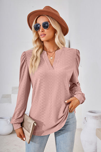 Women's V Neck Puff Sleeve Textured Tunic Top Long Sleeve