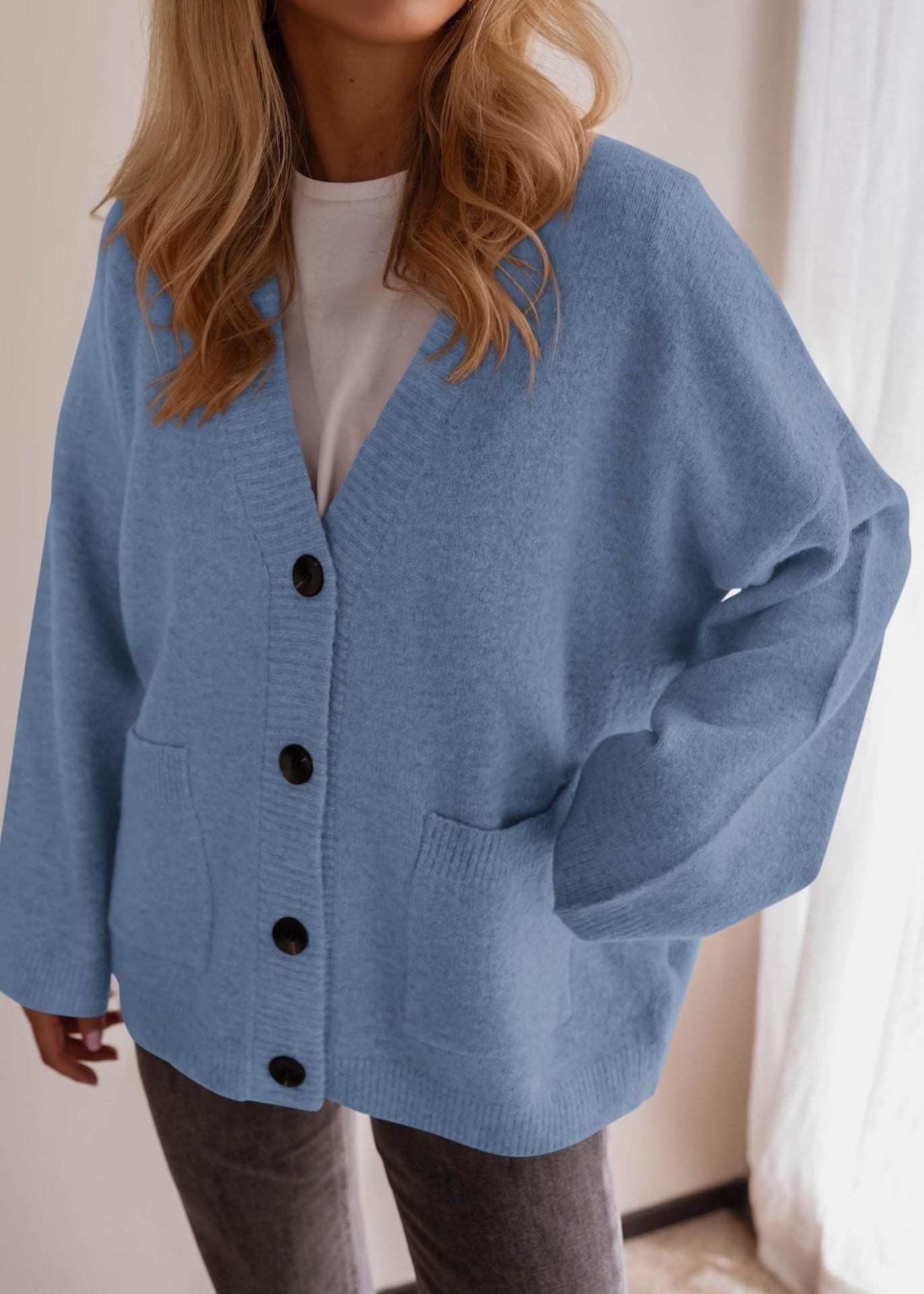 Oversized V Neck Button Knit Cardigan with Pockets