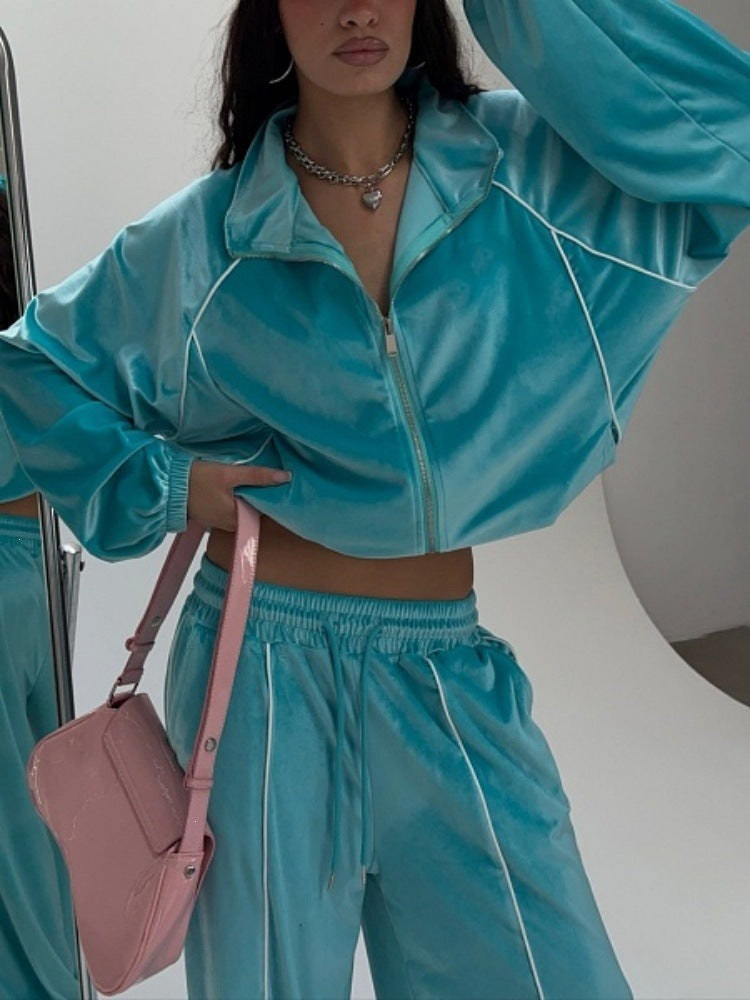 Women's Velour Contrast Piping Two Piece Track Set