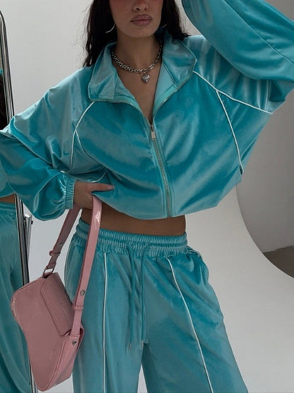 Women's Velour Contrast Piping Two Piece Track Set