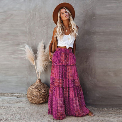Boho Print Maxi Skirt High Waist Flowy Patchwork