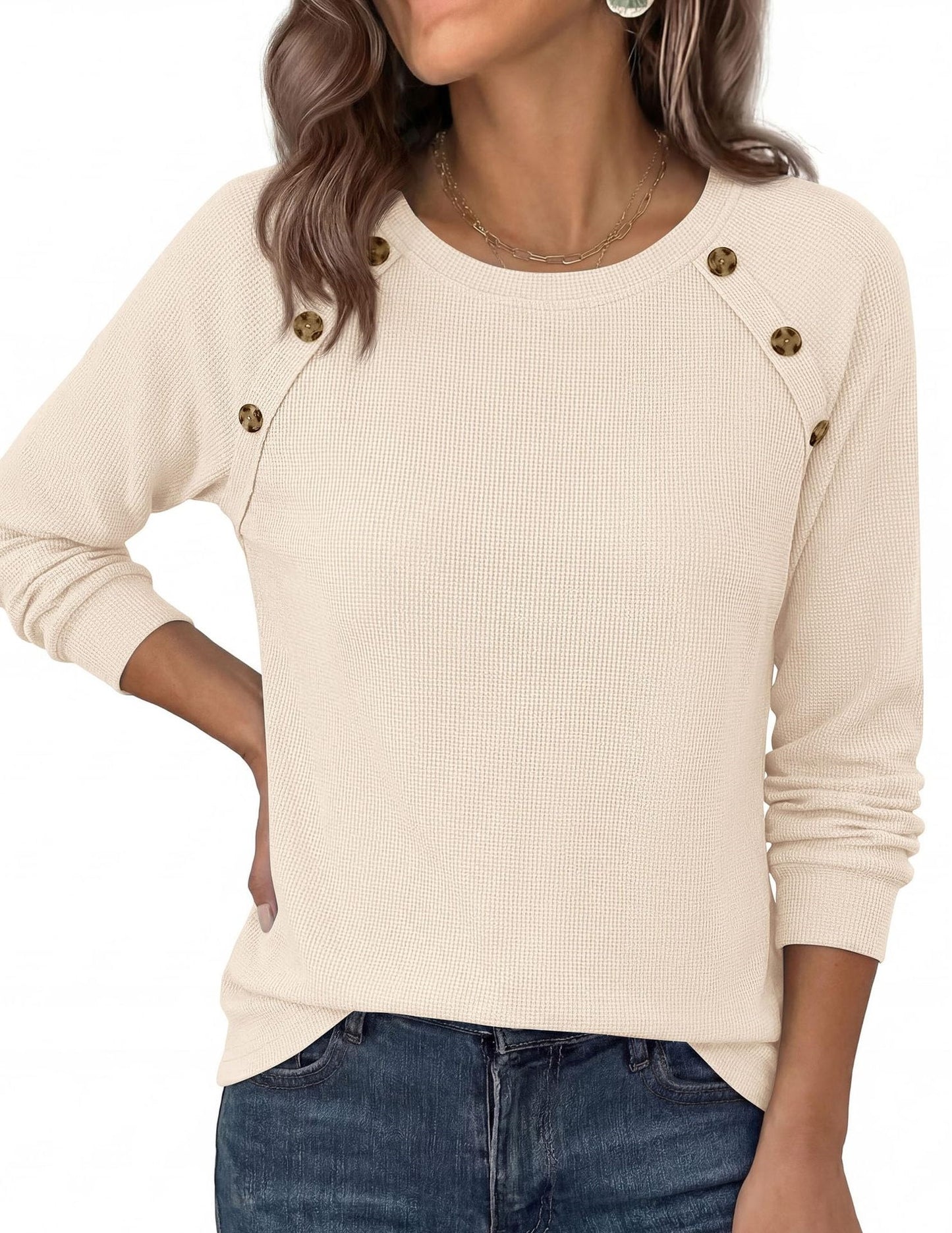 Waffle Knit Button Henley Top Crew Neck Long Sleeve Tee