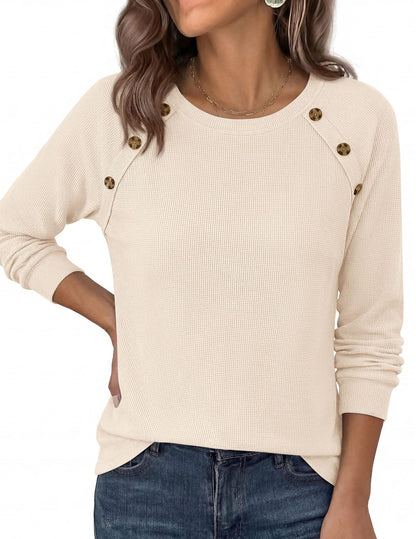 Waffle Knit Button Henley Top Crew Neck Long Sleeve Tee