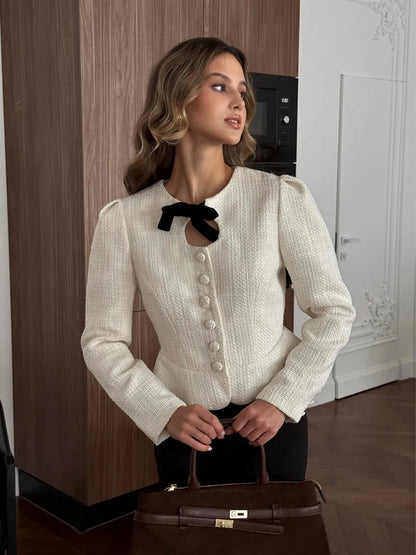 Women's Tweed Bow Cardigan Jacket French Chic