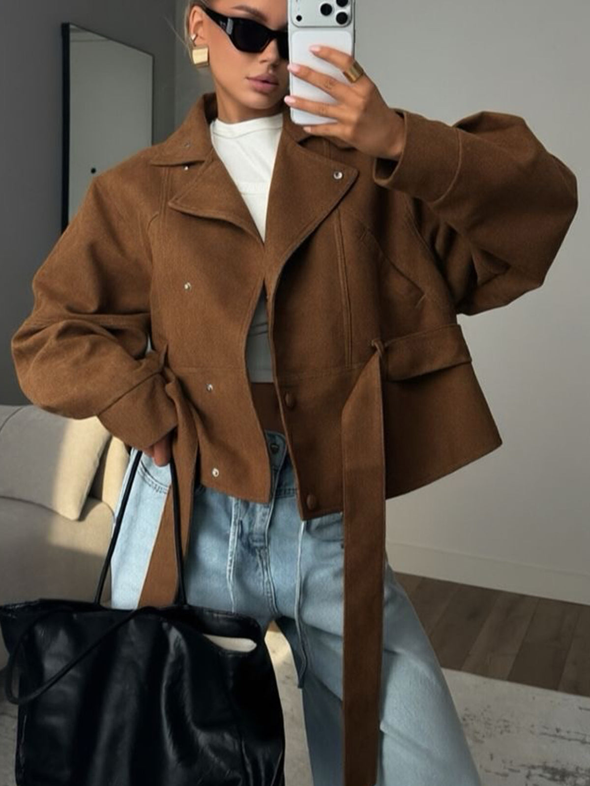 Women's Belted Cropped Jacket Stand Collar Trench Coat