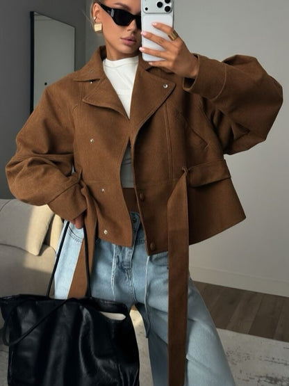 Women's Belted Cropped Jacket Stand Collar Trench Coat