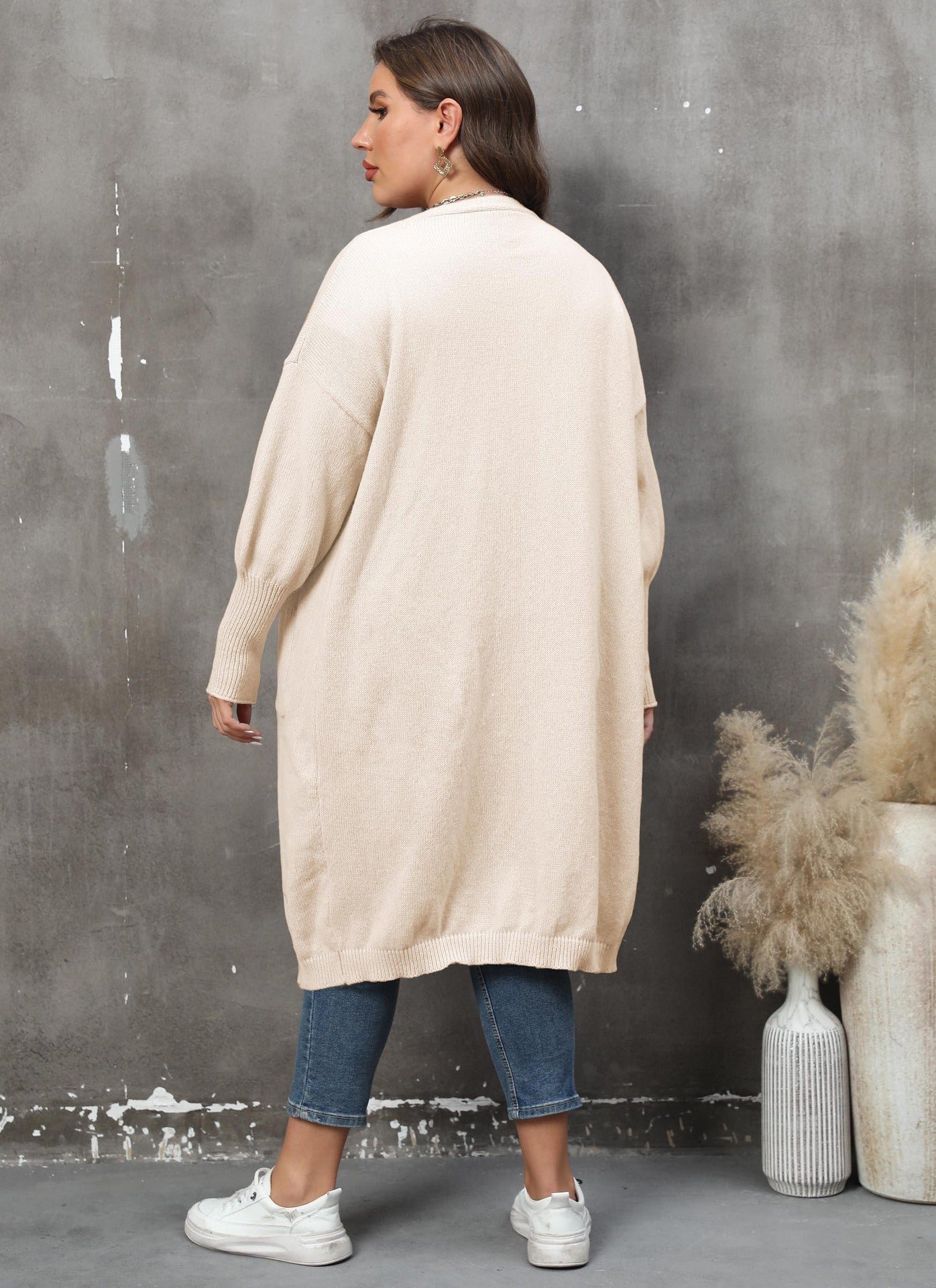 Women's Loose Medium and Long Double Pocket Lantern Sleeve Sweater Cardigan Jacket