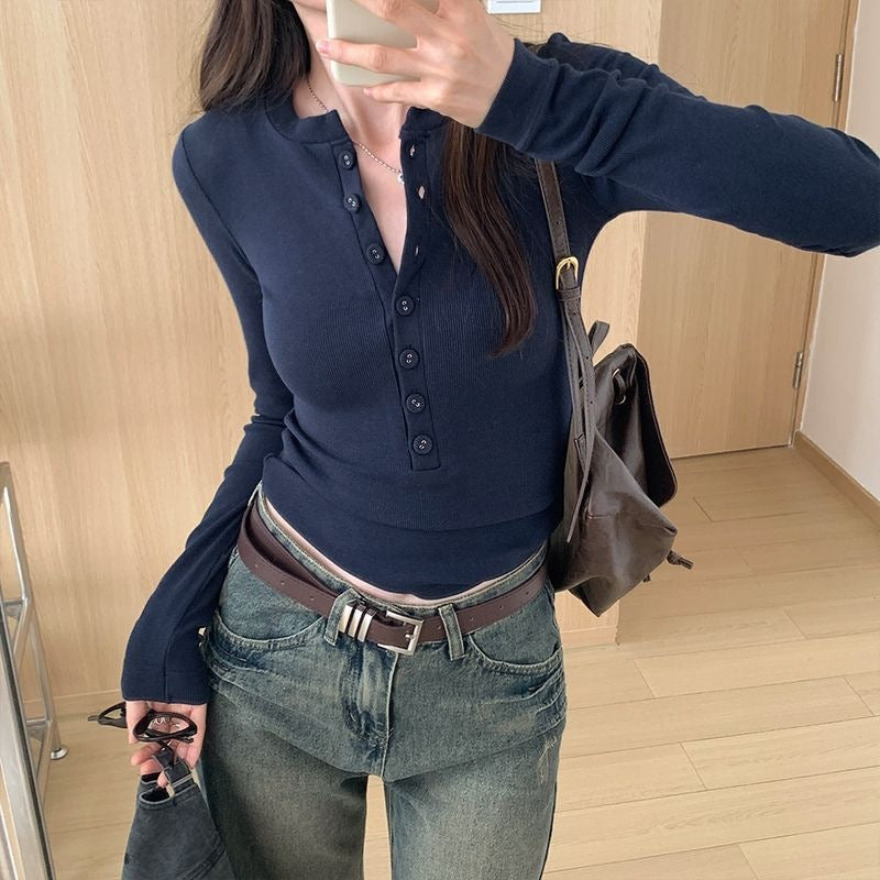 Women's Ribbed Long Sleeve Fitted Button Henley Top