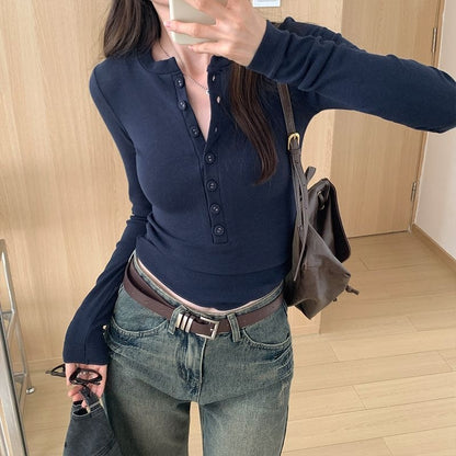 Women's Ribbed Long Sleeve Fitted Button Henley Top