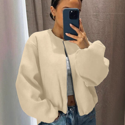 Women's Zip Up Bomber Jacket Lantern Sleeve Streetwear