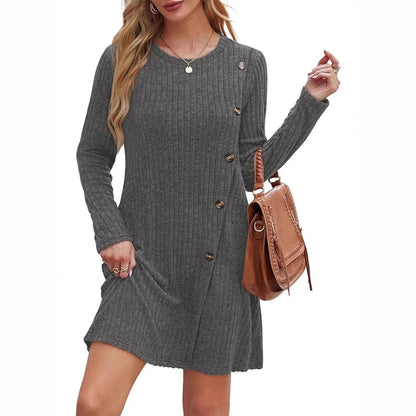 Ribbed Long Sleeve Dress with Side Buttons & Pockets