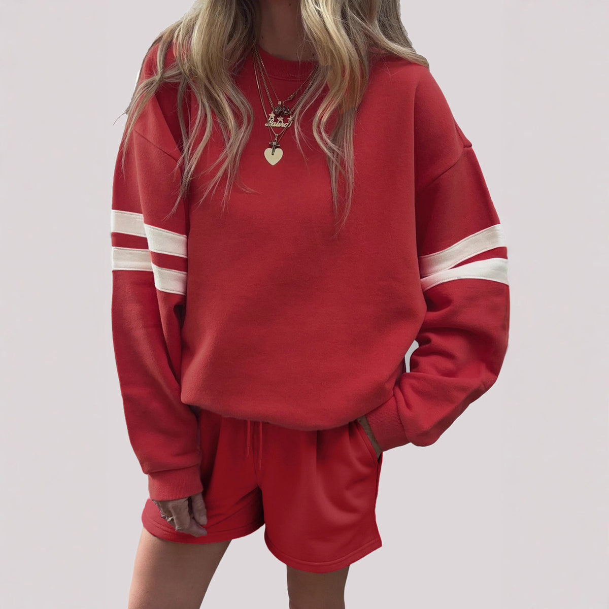 Women's Oversized Striped Sweatshirt Shorts Set