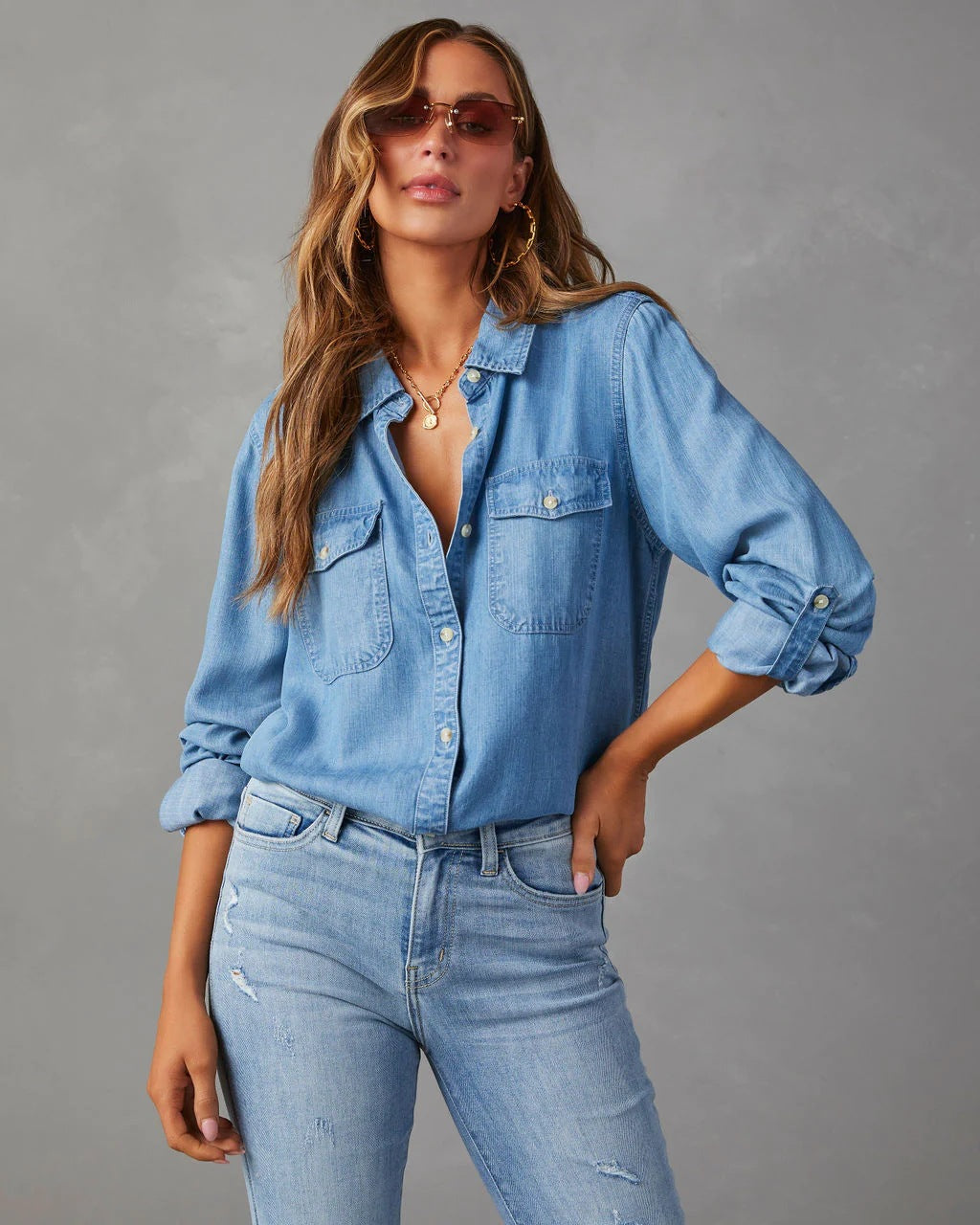 Women's Denim Button Down Shirt Long Sleeve Casual Western