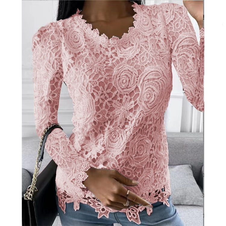 Women's Lace Long Sleeve Scalloped Neck Blouse