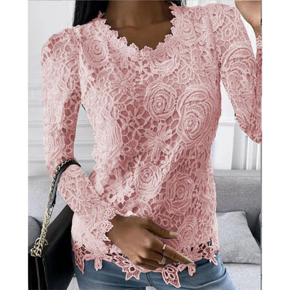 Women's Lace Long Sleeve Scalloped Neck Blouse
