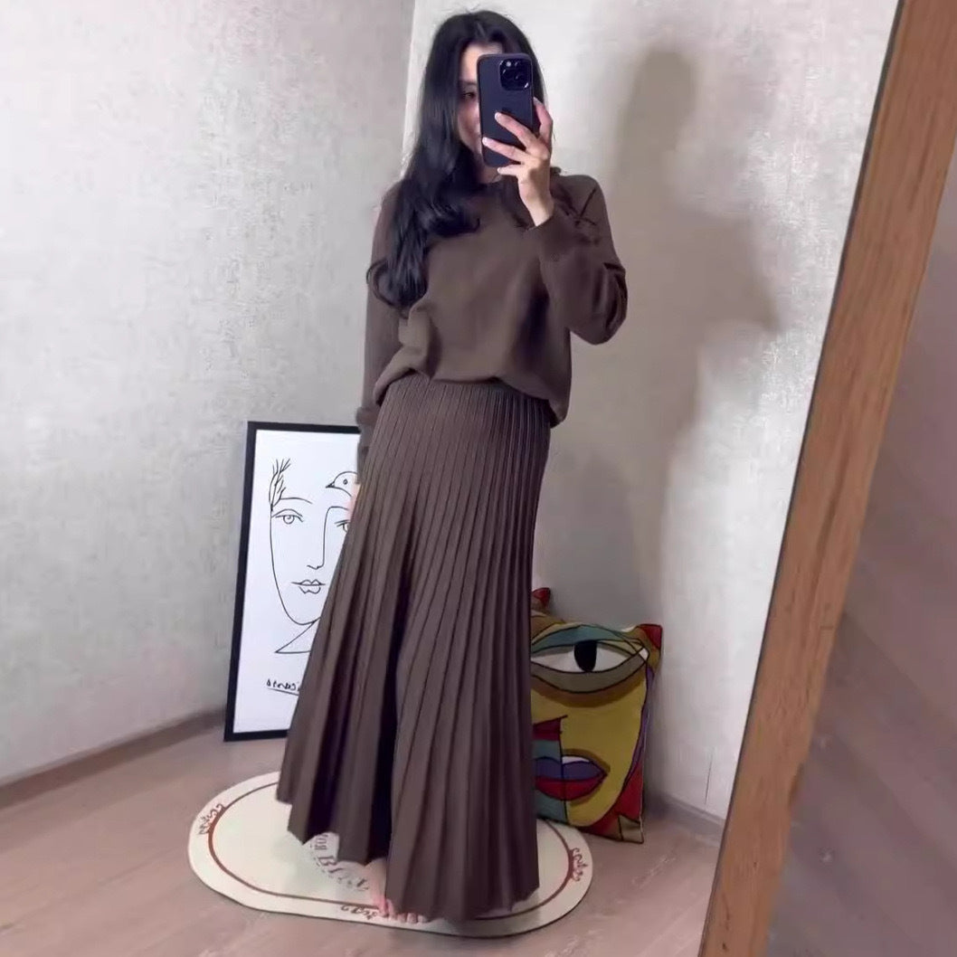 Women's Two Piece Pleated Maxi Skirt Set Long Sleeve