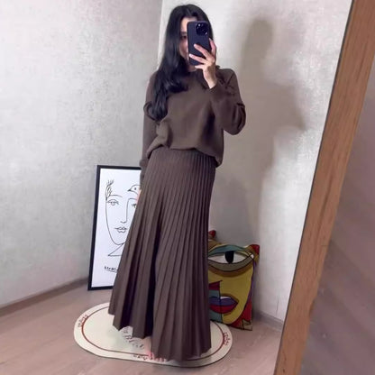 Women's Two Piece Pleated Maxi Skirt Set Long Sleeve