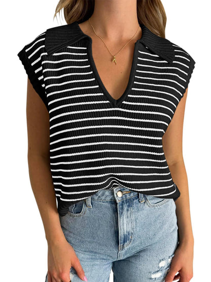 V-Neck Striped Knit Sweater, Casual Lapel Top