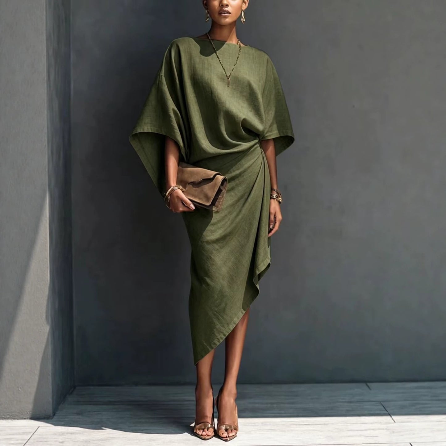 Women's Batwing Sleeve Solid Asymmetrical Midi Dress