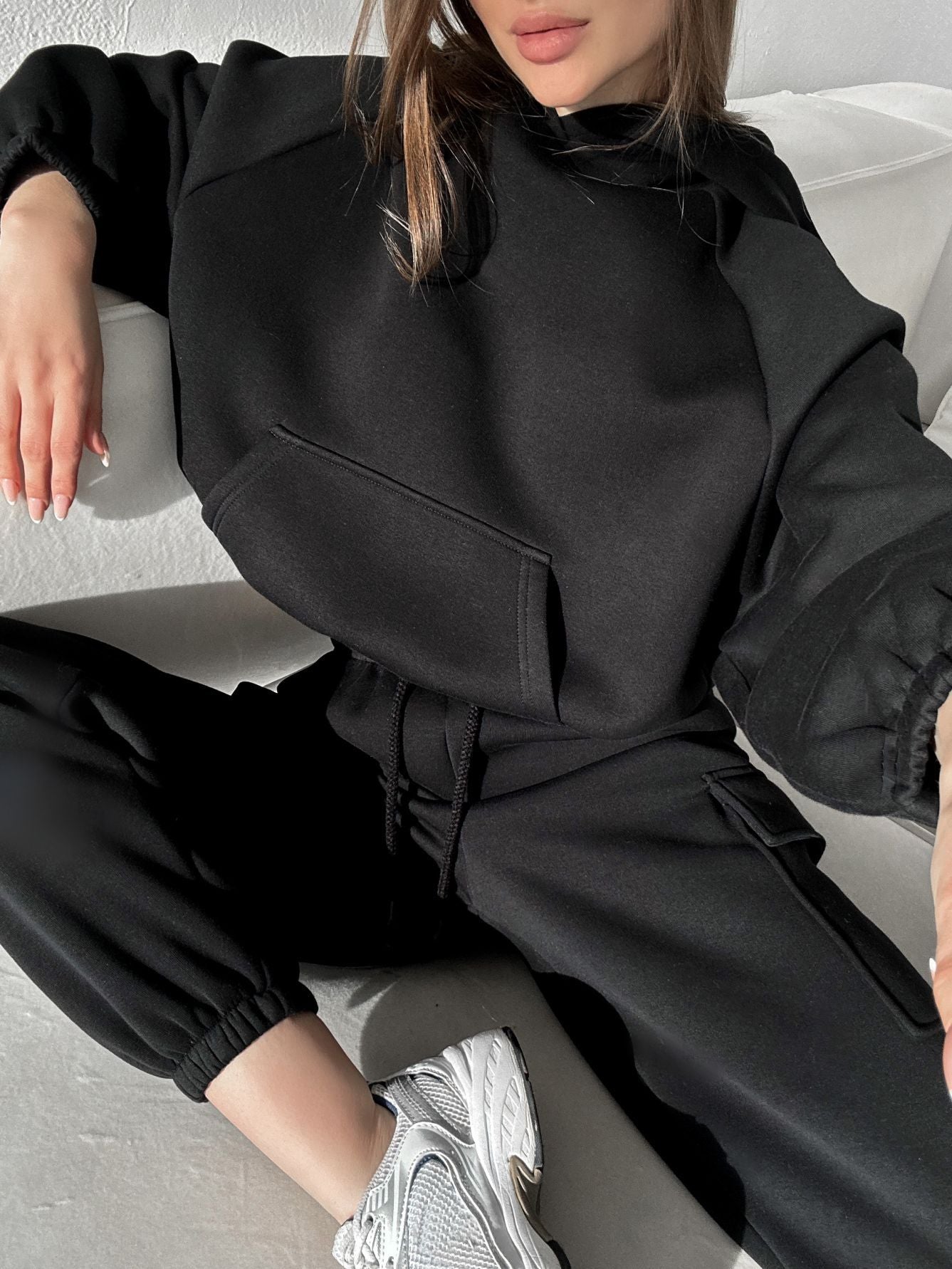 Women Oversized Fleece Hoodie Cargo Jogger Set