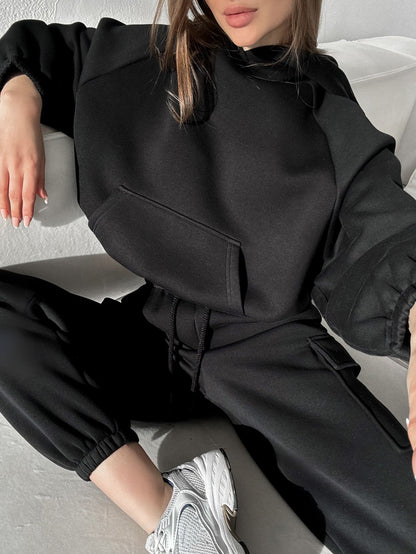 Women Oversized Fleece Hoodie Cargo Jogger Set