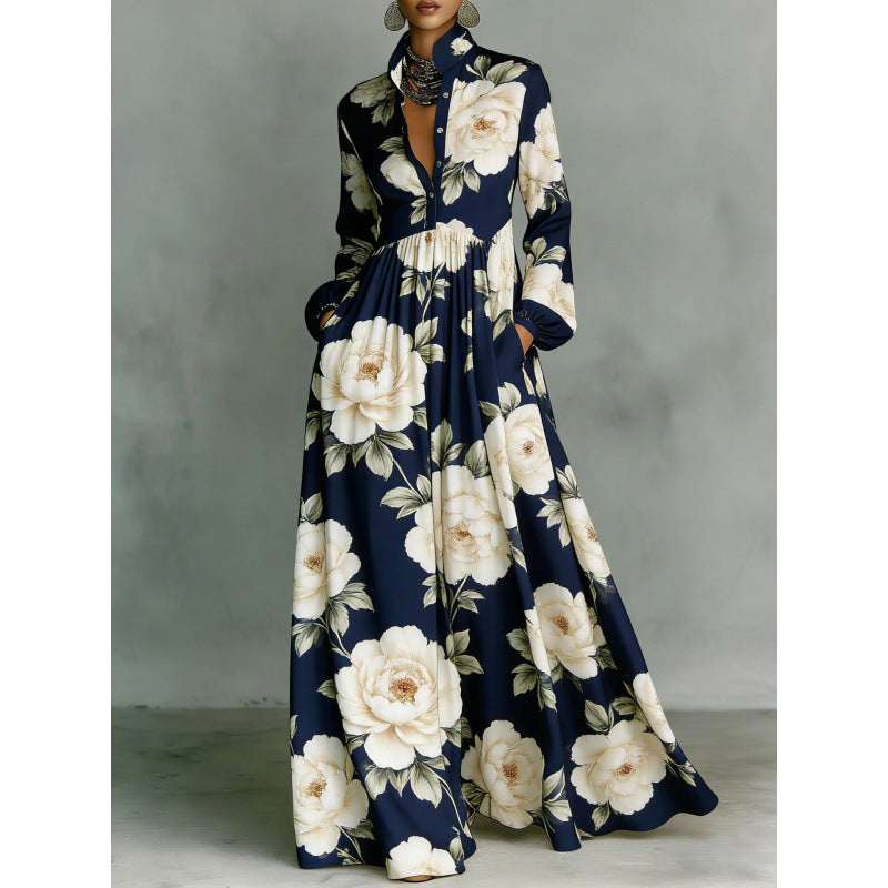 Vintage Floral Maxi Dress Lantern Sleeve Button Down Boho
