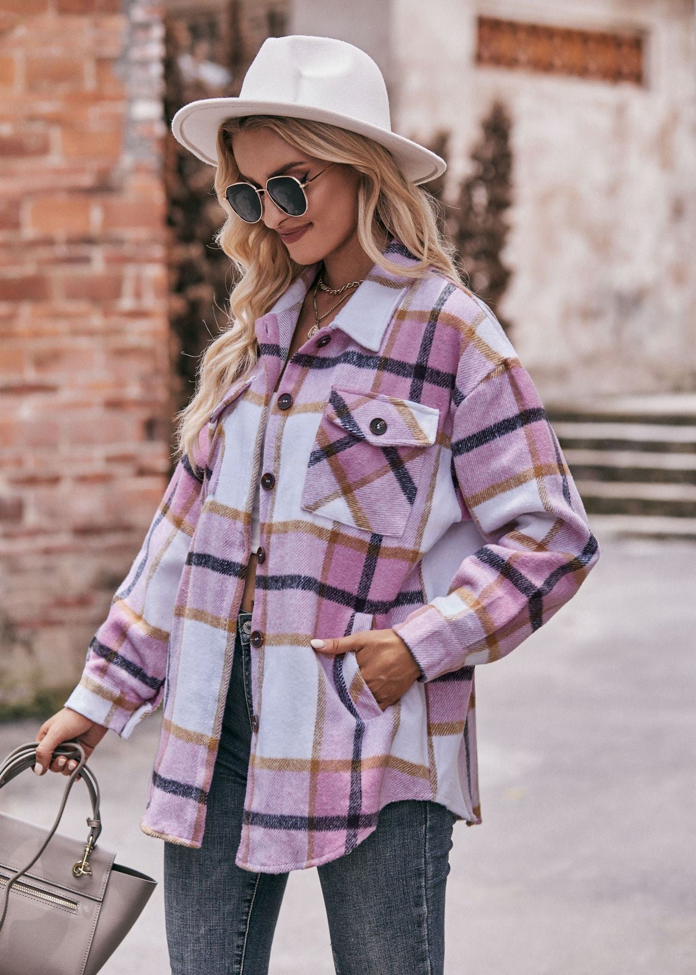 Plaid Flannel Shacket Button Front Pocket Oversized Jacket