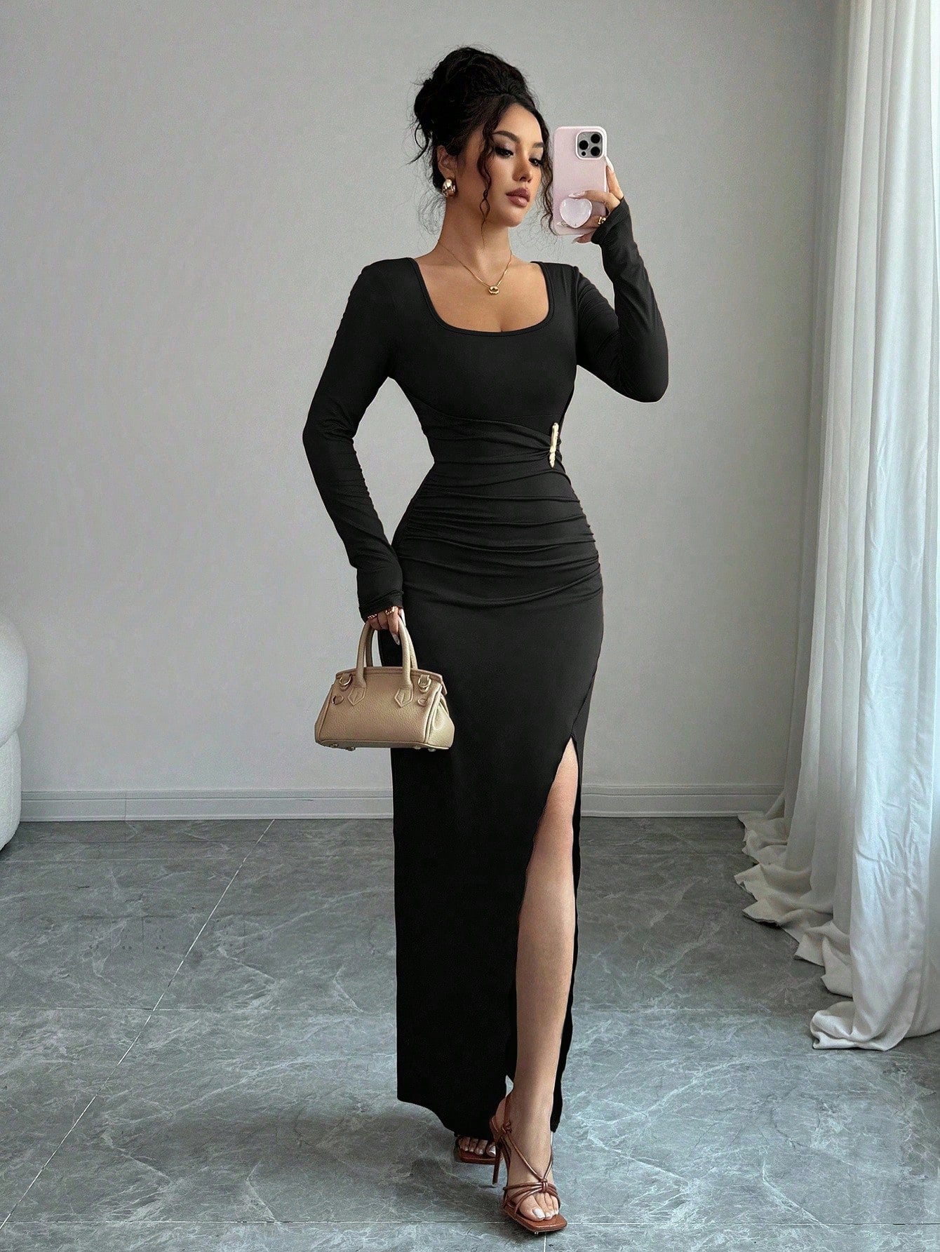 Square Neck Ruched Bodycon Maxi Dress with Side Slit