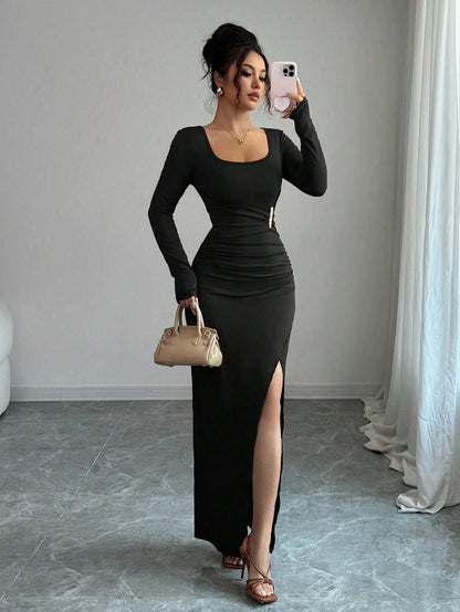 Square Neck Ruched Bodycon Maxi Dress with Side Slit