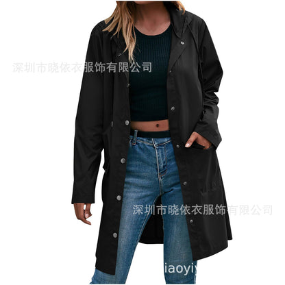Women's Long Hooded Waterproof Trench Jacket
